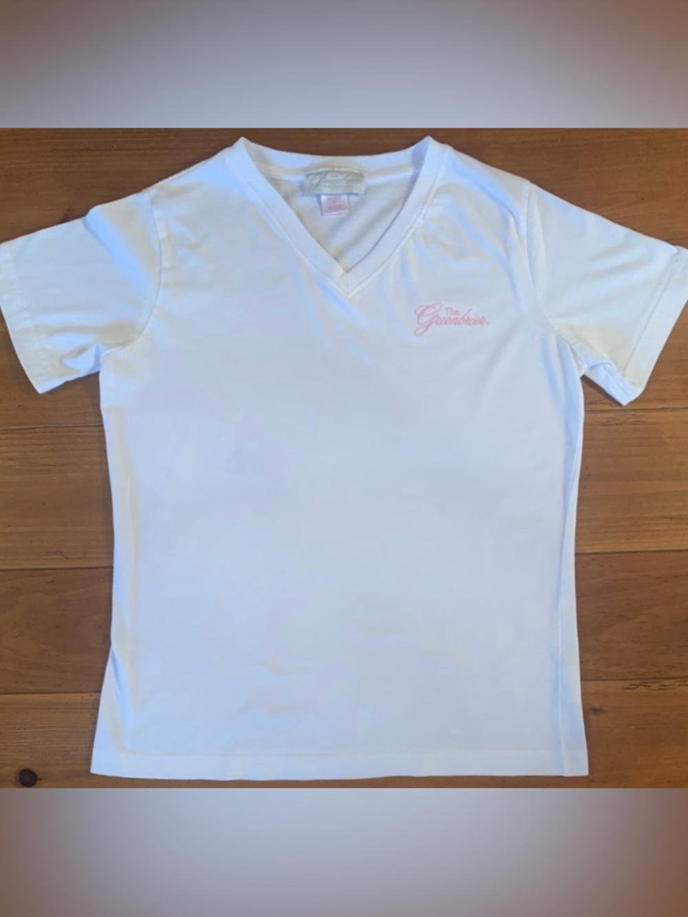 White V-Neck Tee with Pink 'The Greenbrier' Logo
